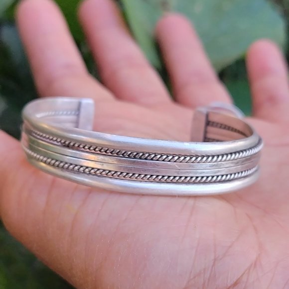 Native American smooth band + rope border + split band five shank 925 sterling - Picture 3 of 13